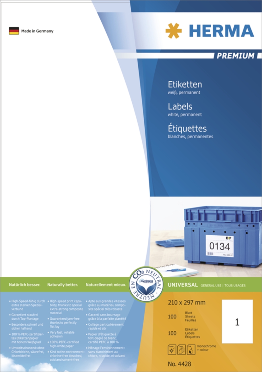 HERMA Etiketten Premium A4 weiß 210x297 mm Papier 100 St. - 4428